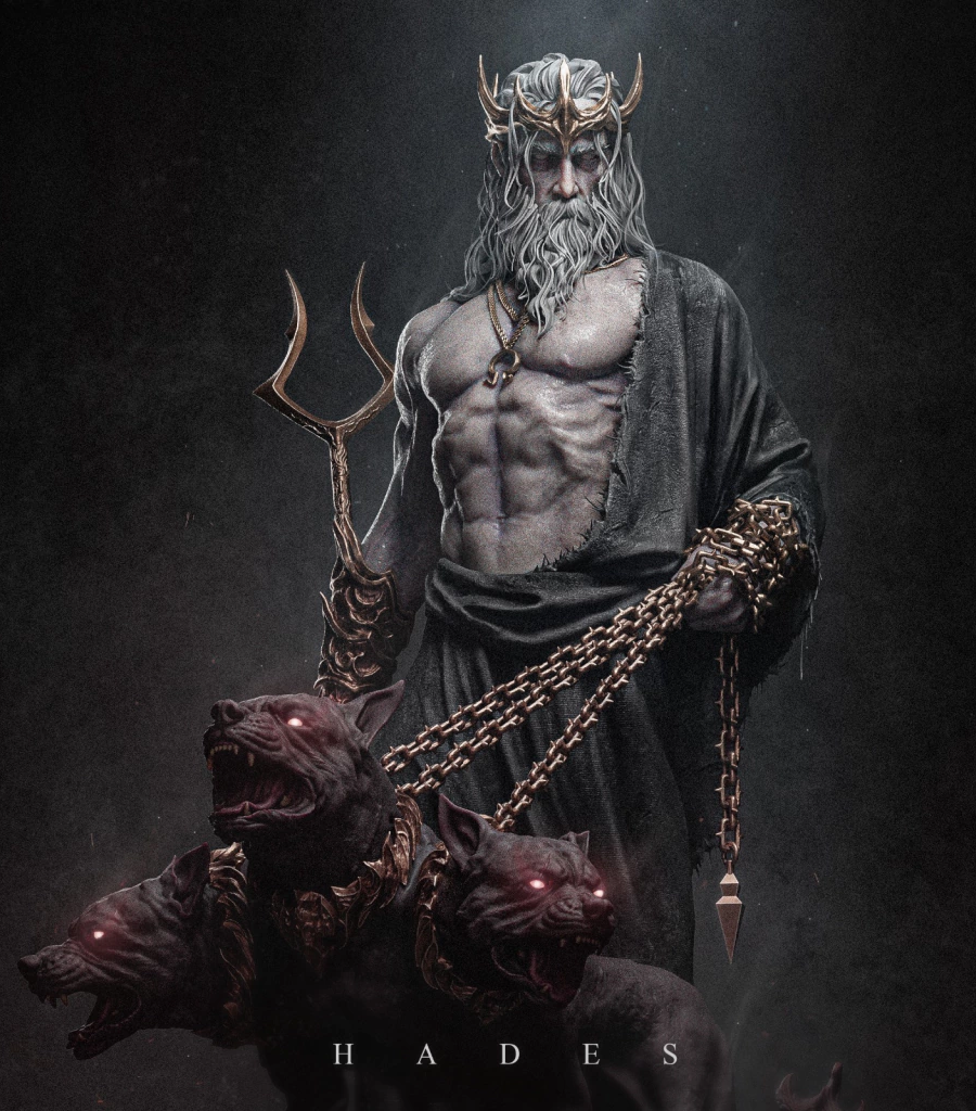 Hades cuerpo a la mitad con Cerbero