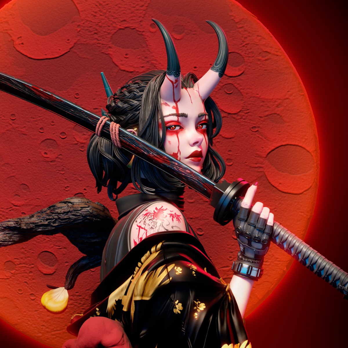 Chica Oni con luna de sangre