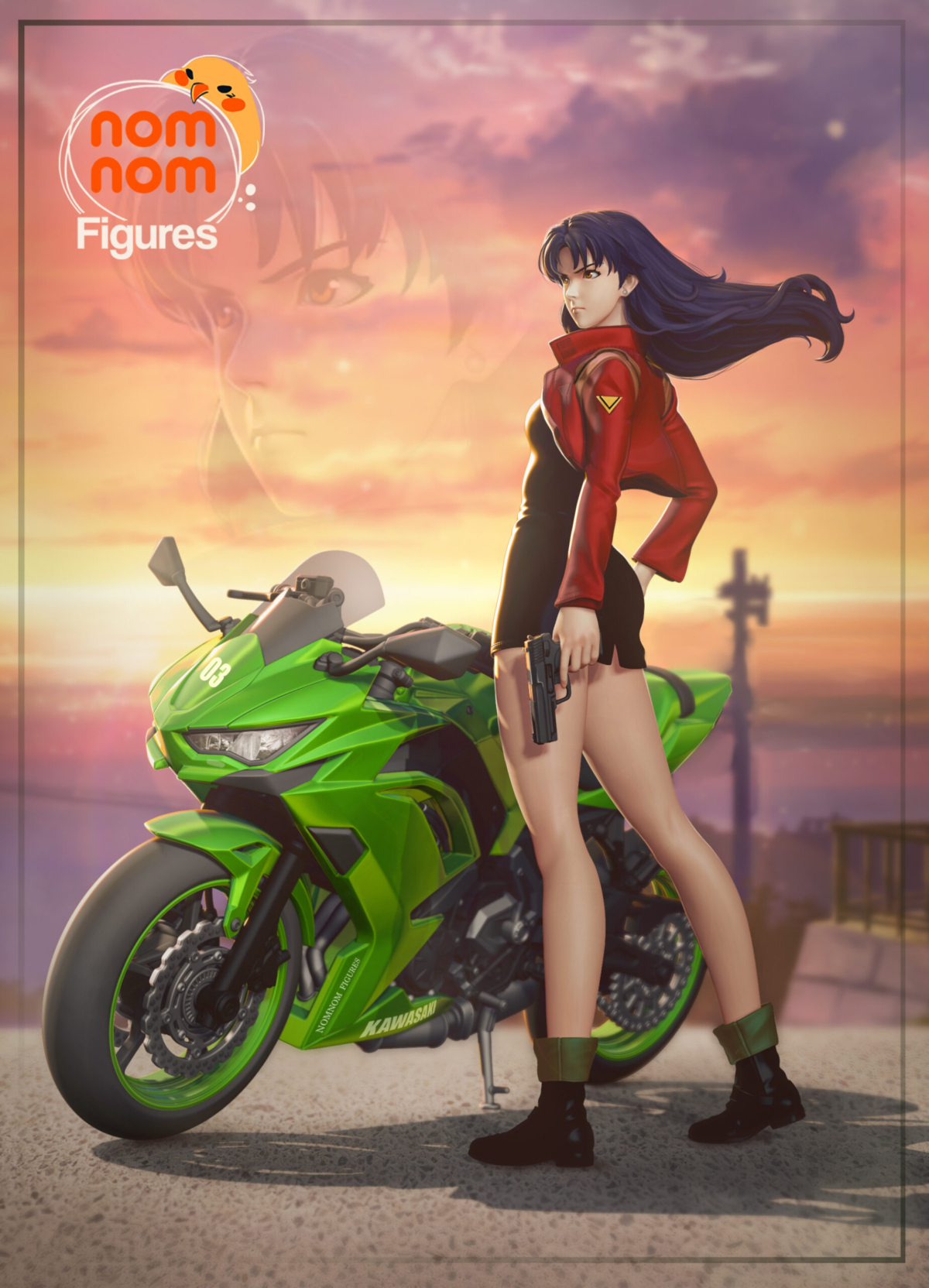 Misato cuerpo completo con motocicleta