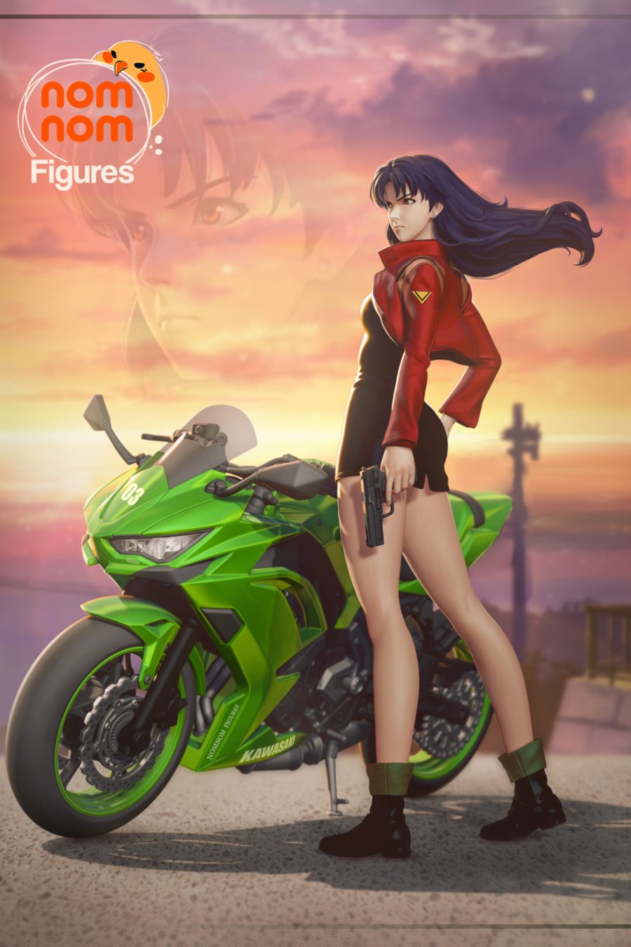 Misato cuerpo completo con motocicleta