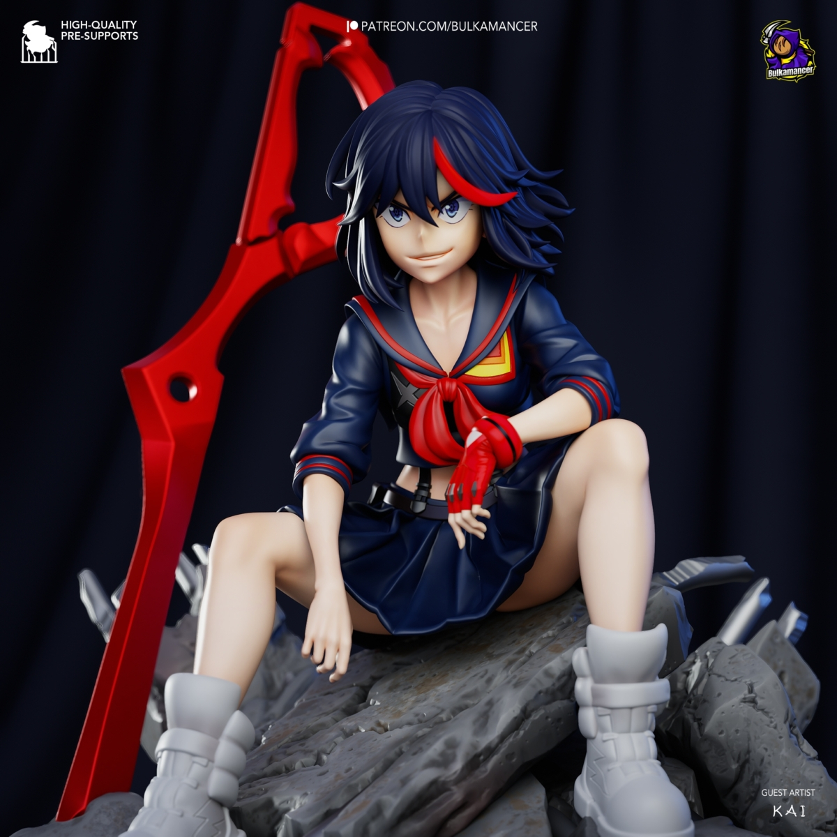 Ryuko sentada sobre piedra con su arma