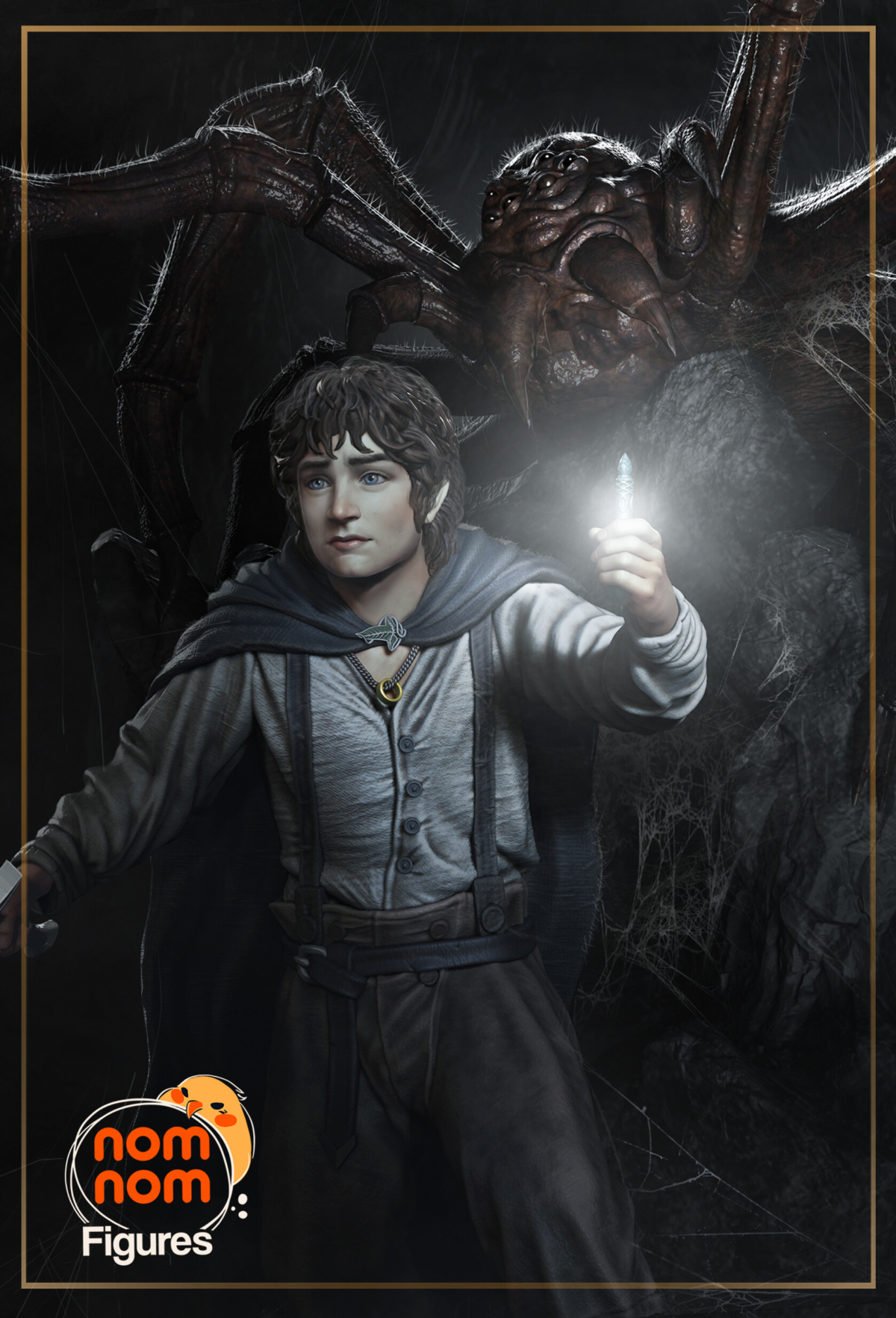 Frodo de cerca con araña atrás