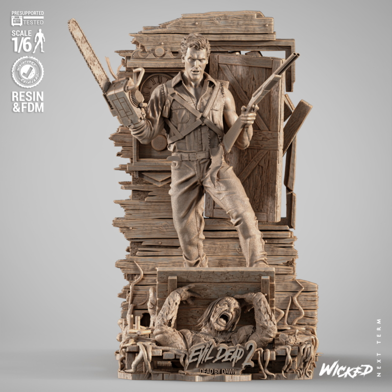 Ash Williams STL model standing with chainsaw and shotgun over Evil Dead base – detailed 3D printable figure