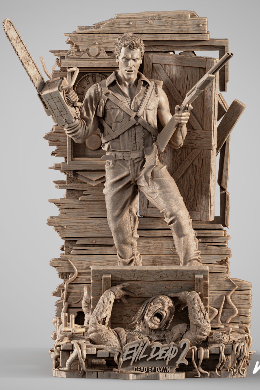 Ash Williams STL model standing with chainsaw and shotgun over Evil Dead base – detailed 3D printable figure