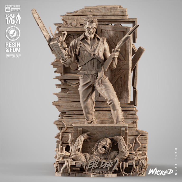 Close-up of Ash Williams STL figure with intense expression, chainsaw arm and shotgun – Evil Dead horror sculpture