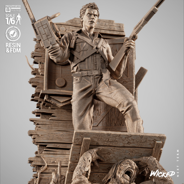 Ash Williams STL model standing with chainsaw and shotgun over Evil Dead base – detailed 3D printable figure