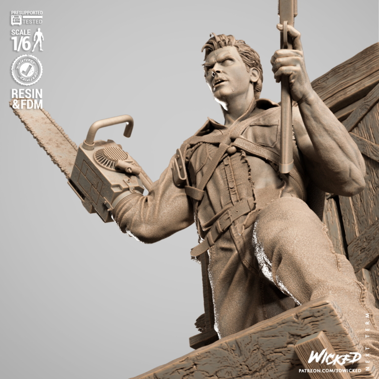 Ash Williams STL model standing with chainsaw and shotgun over Evil Dead base – detailed 3D printable figure