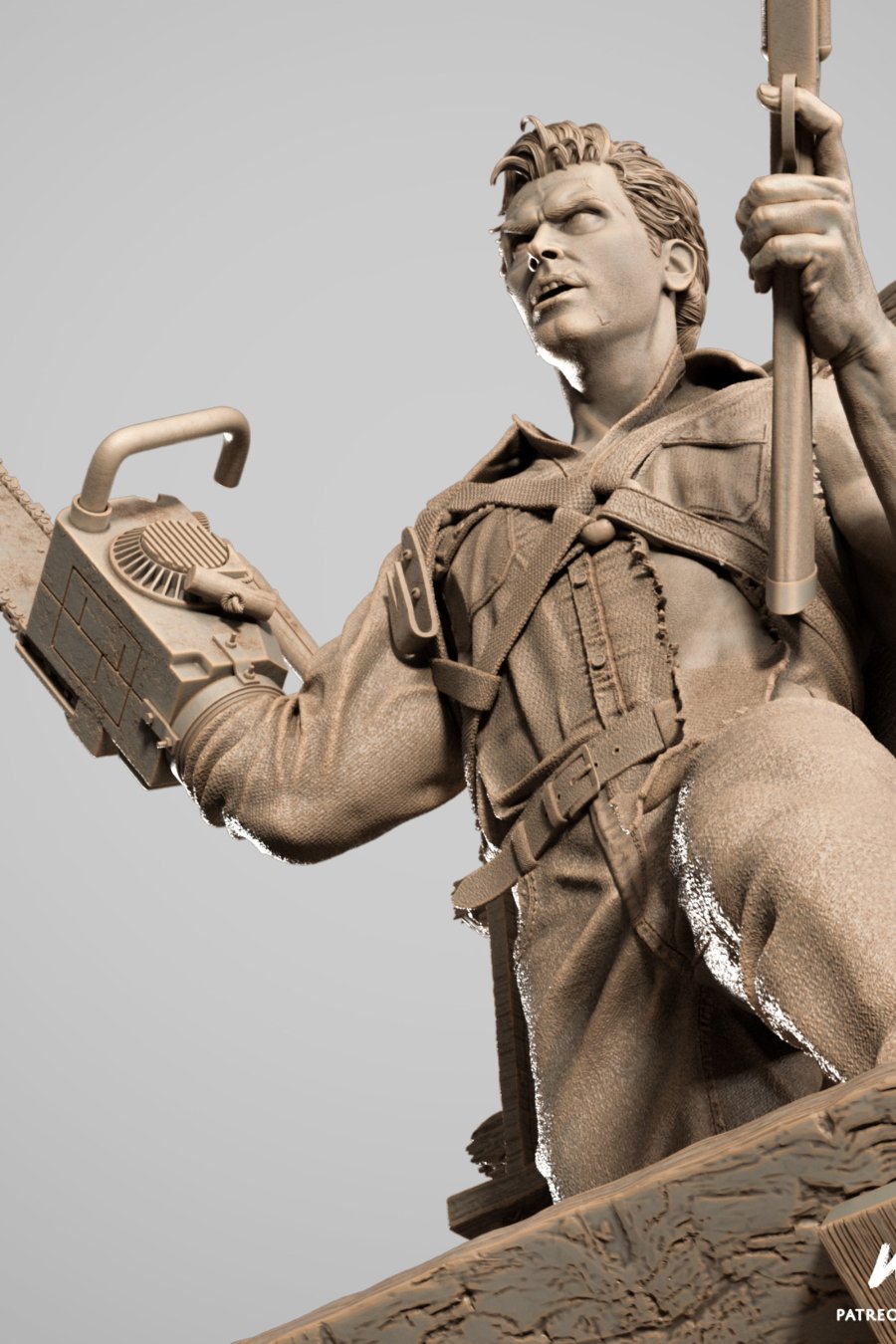 Ash Williams STL model standing with chainsaw and shotgun over Evil Dead base – detailed 3D printable figure