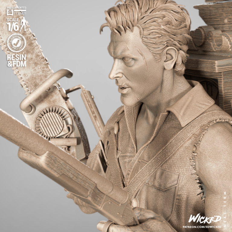 Ash Williams STL model standing with chainsaw and shotgun over Evil Dead base – detailed 3D printable figure