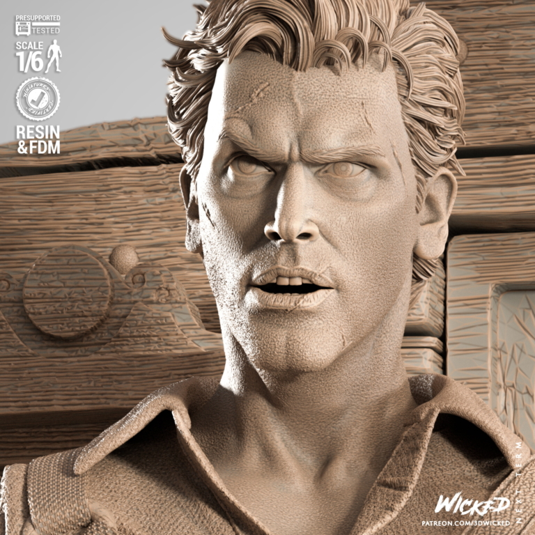 Ash Williams STL model standing with chainsaw and shotgun over Evil Dead base – detailed 3D printable figure