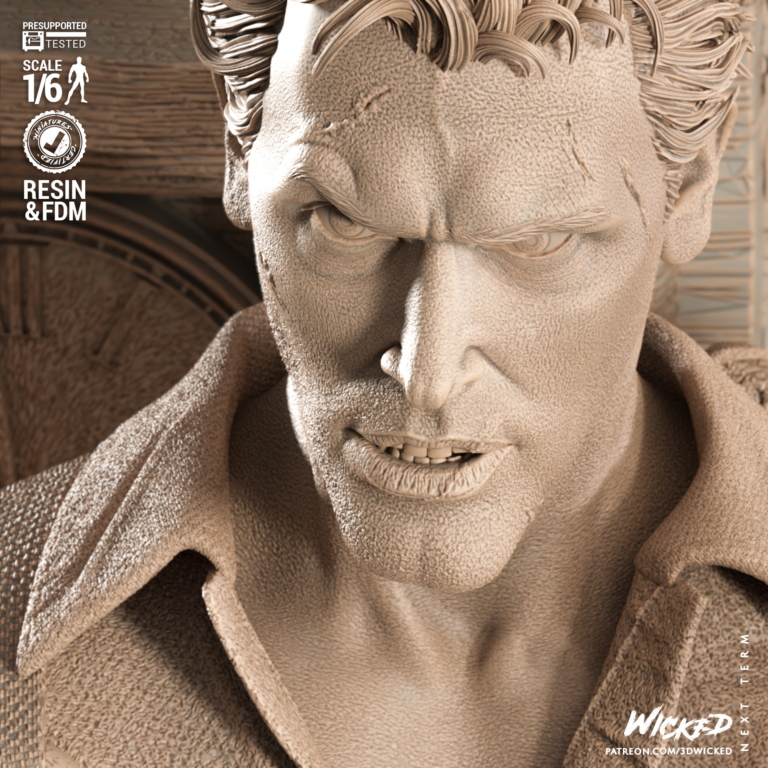 Ash Williams STL model standing with chainsaw and shotgun over Evil Dead base – detailed 3D printable figure