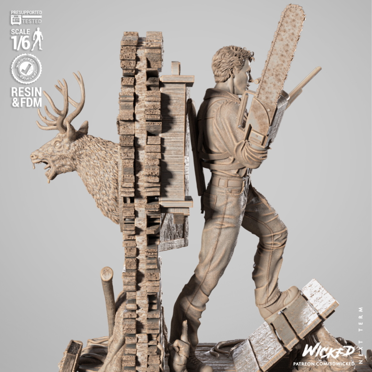 Ash Williams STL model standing with chainsaw and shotgun over Evil Dead base – detailed 3D printable figure
