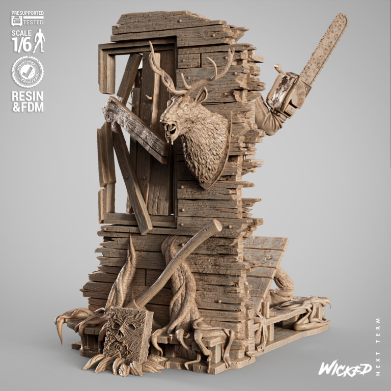 Ash Williams STL model standing with chainsaw and shotgun over Evil Dead base – detailed 3D printable figure