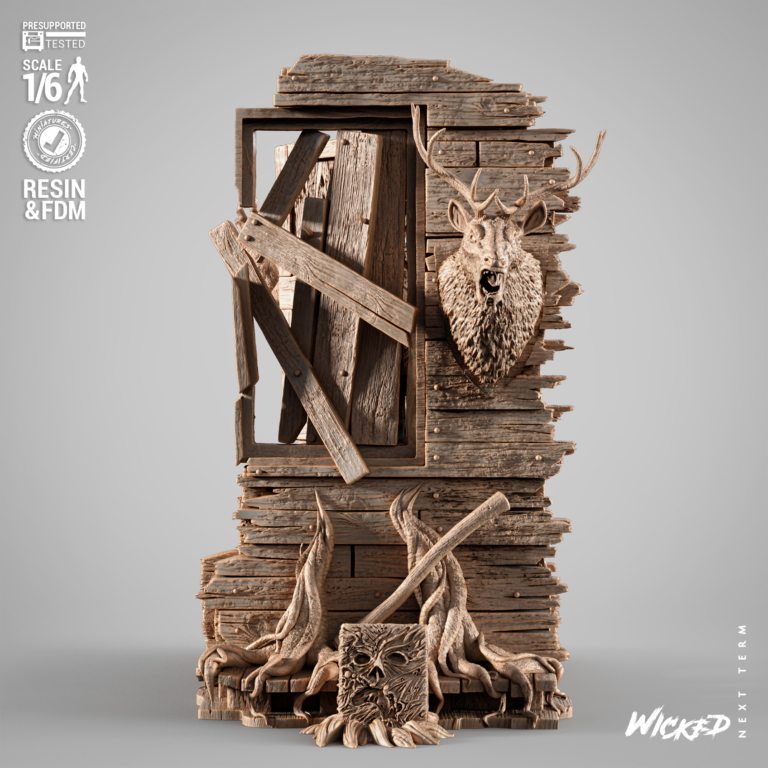 Back of Ash Williams STL figure with Evil Dead cabin, Necronomicon and tentacles – high-detail 3D model for resin printing