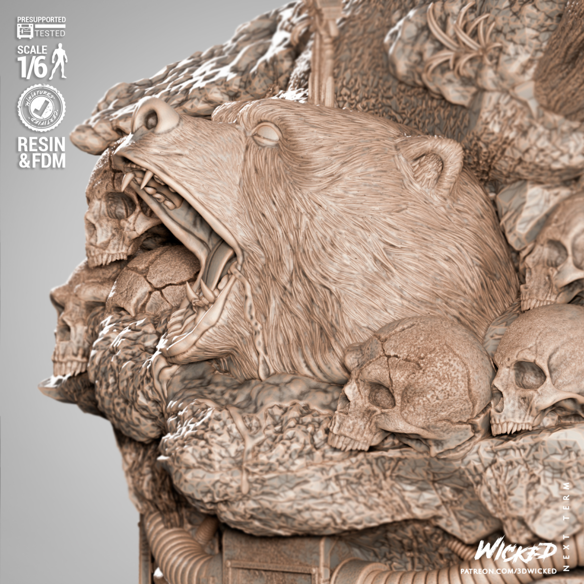 Base of Weapon X vs Predator STL diorama with skulls, bear head, forest textures and sci-fi cables – 3D printable scenery