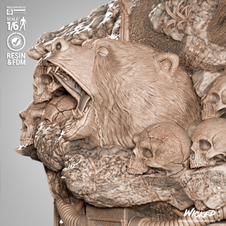Base of Weapon X vs Predator STL diorama with skulls, bear head, forest textures and sci-fi cables – 3D printable scenery
