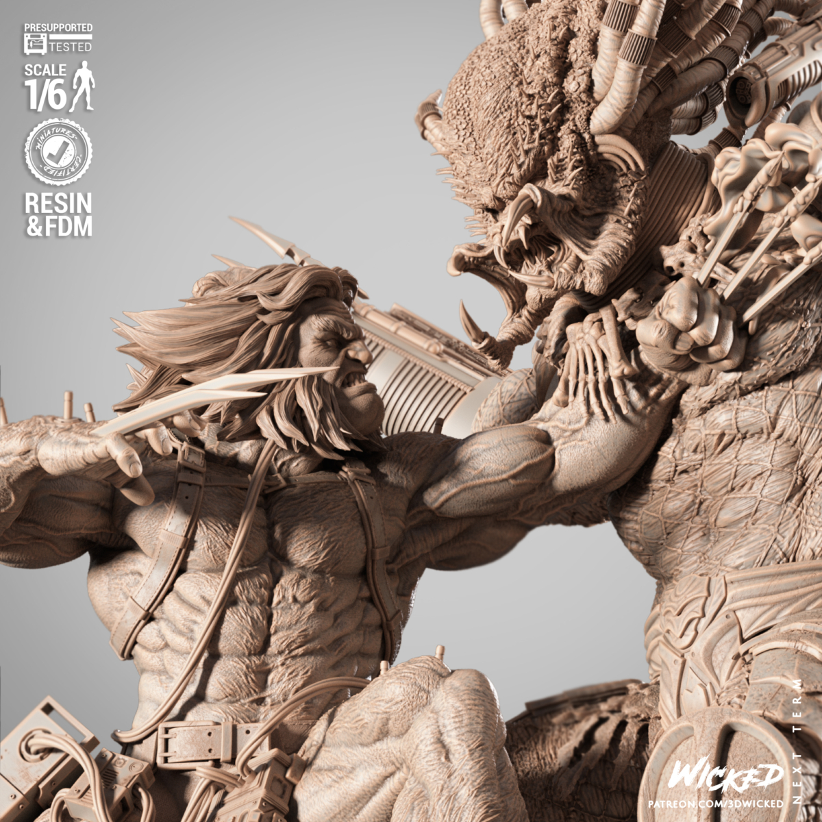 Side view of Weapon X slashing Predator during brutal hand-to-hand fight – cinematic STL model for 3D printing