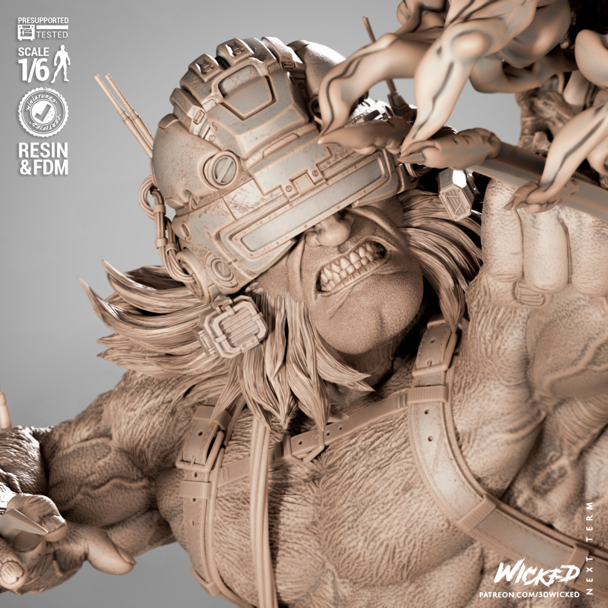 Cyber Weapon X close-up with tactical helmet and fierce expression – highly detailed STL figure head