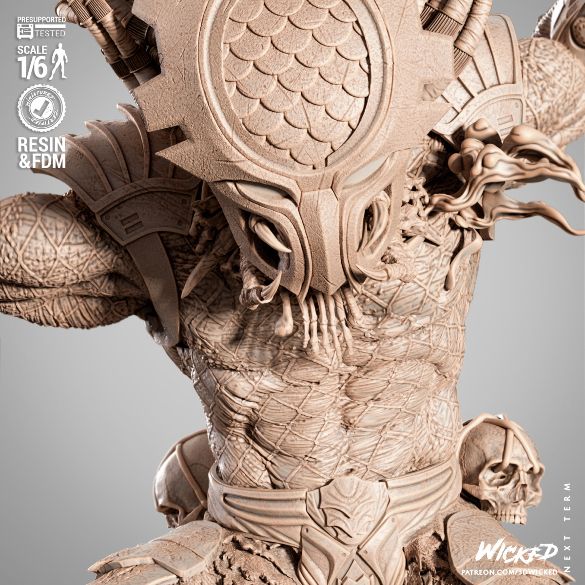 Predator STL bust detail with textured armor, bone trophies and organic skin – horror sci-fi 3D model
