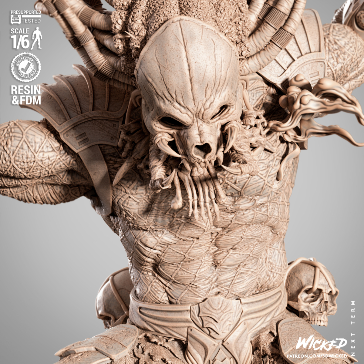 Predator STL bust detail with textured armor, bone trophies and organic skin – horror sci-fi 3D model