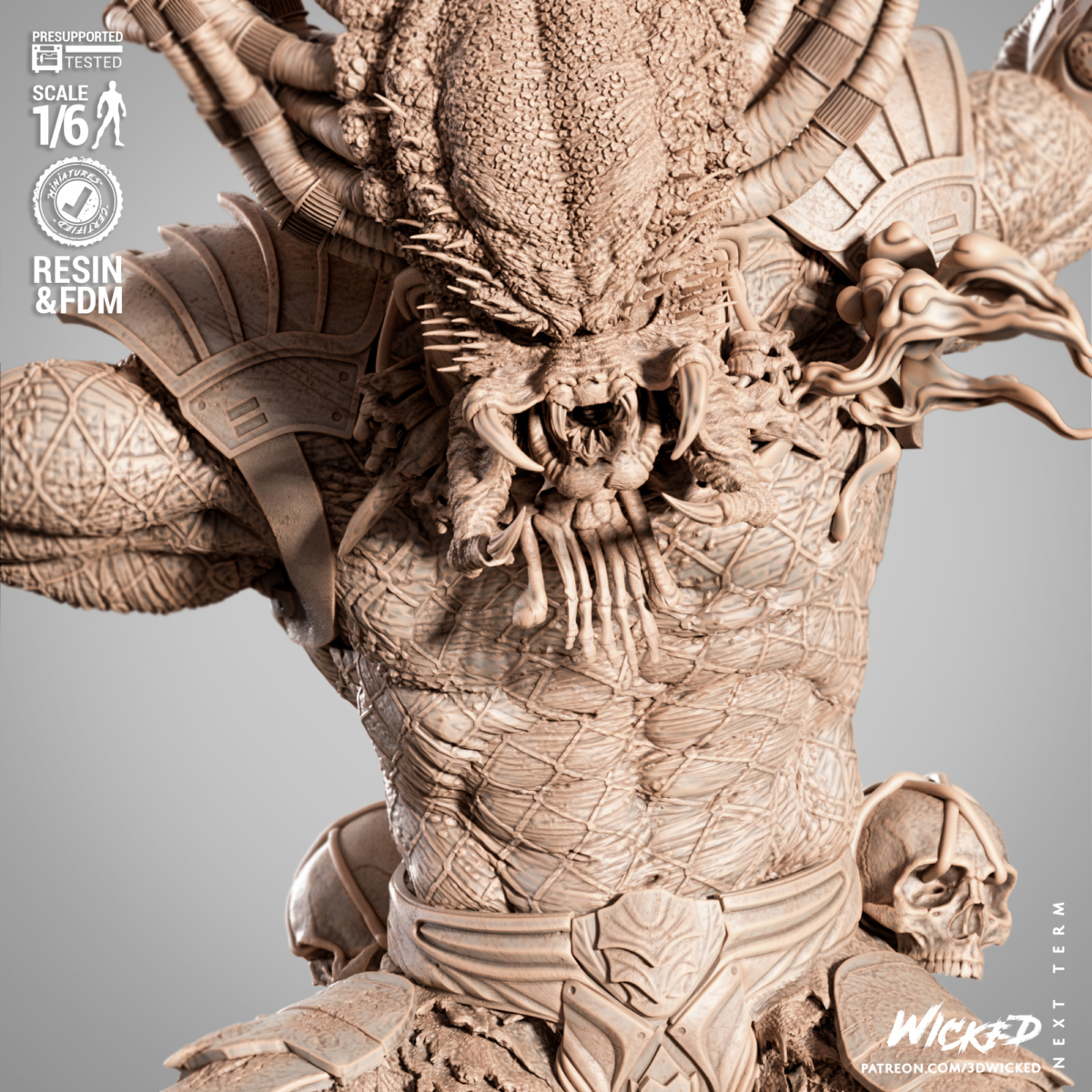 Predator STL bust detail with textured armor, bone trophies and organic skin – horror sci-fi 3D model