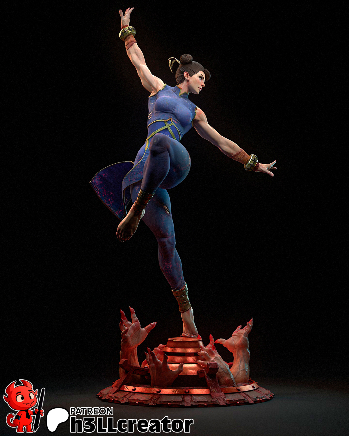 Chun-Li STL model in dynamic aerial pose with hands emerging from the base – Street Fighter 3D print