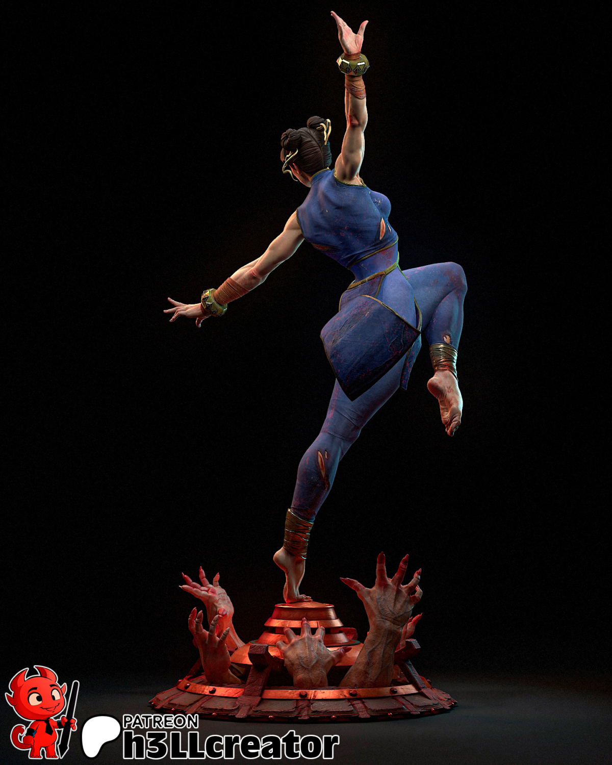 Chun-Li STL model in dynamic aerial pose with hands emerging from the base – Street Fighter 3D print