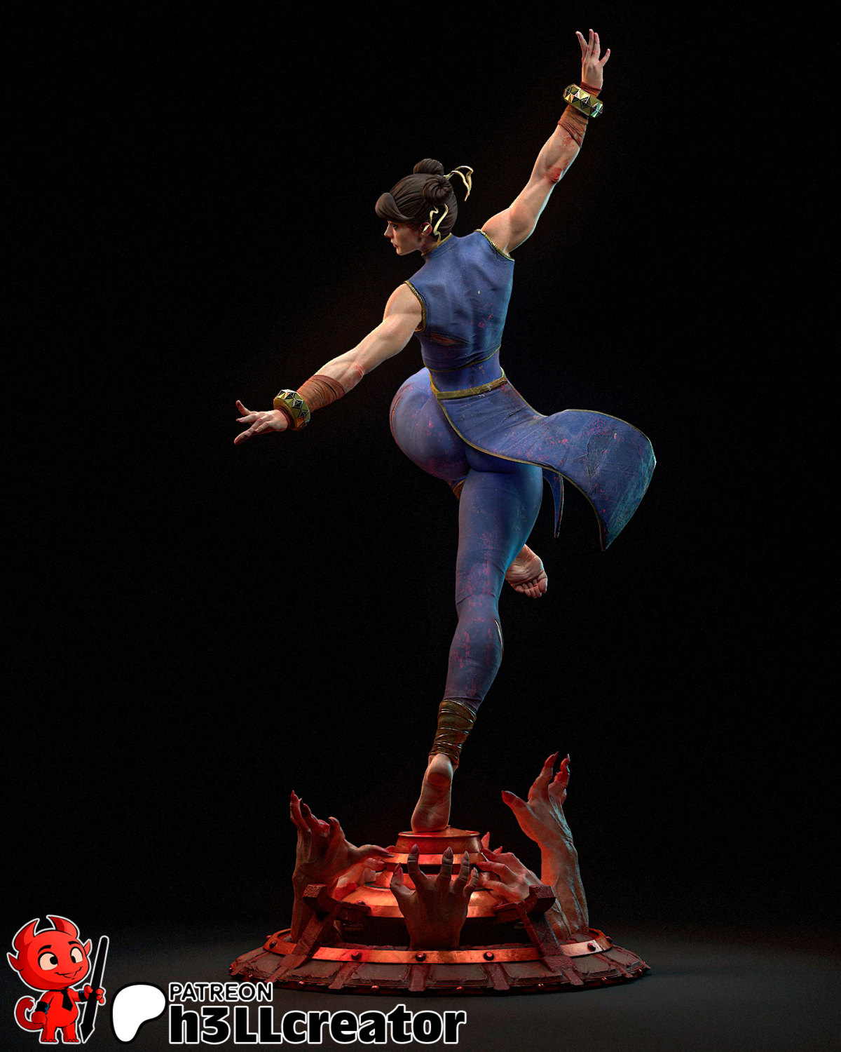 Chun-Li STL model in dynamic aerial pose with hands emerging from the base – Street Fighter 3D print