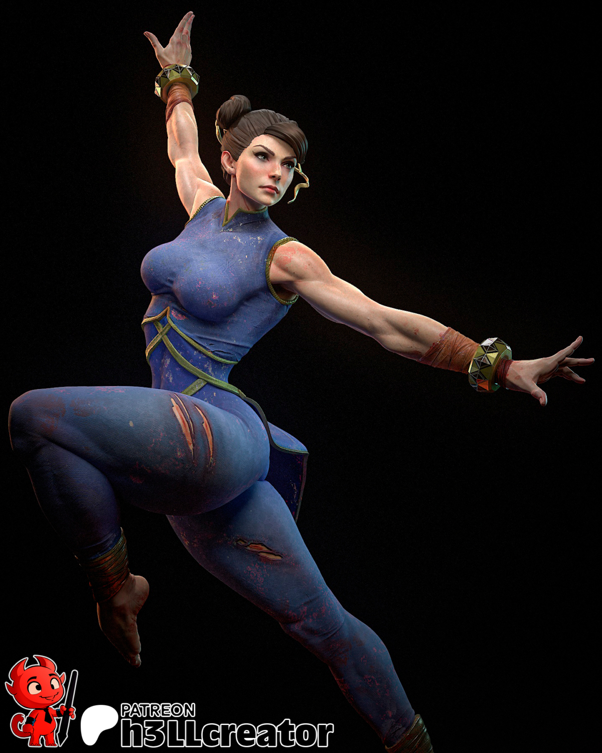 Chun-Li STL model in dynamic aerial pose with hands emerging from the base – Street Fighter 3D print