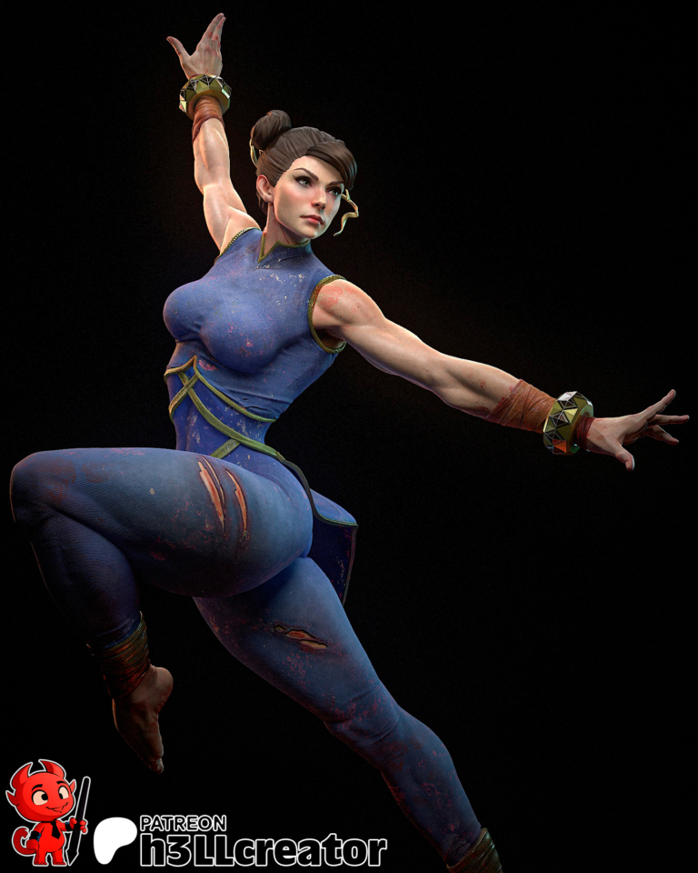 Chun-Li STL model in dynamic aerial pose with hands emerging from the base – Street Fighter 3D print