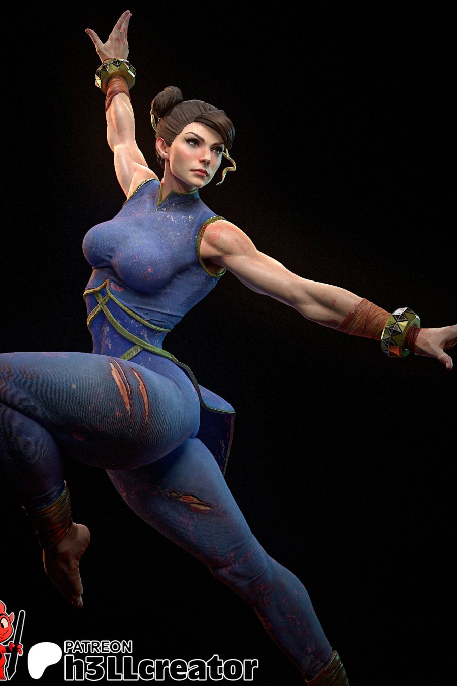Chun-Li STL model in dynamic aerial pose with hands emerging from the base – Street Fighter 3D print