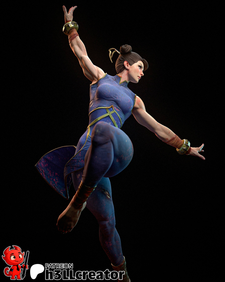 Chun-Li STL model in dynamic aerial pose with hands emerging from the base – Street Fighter 3D print