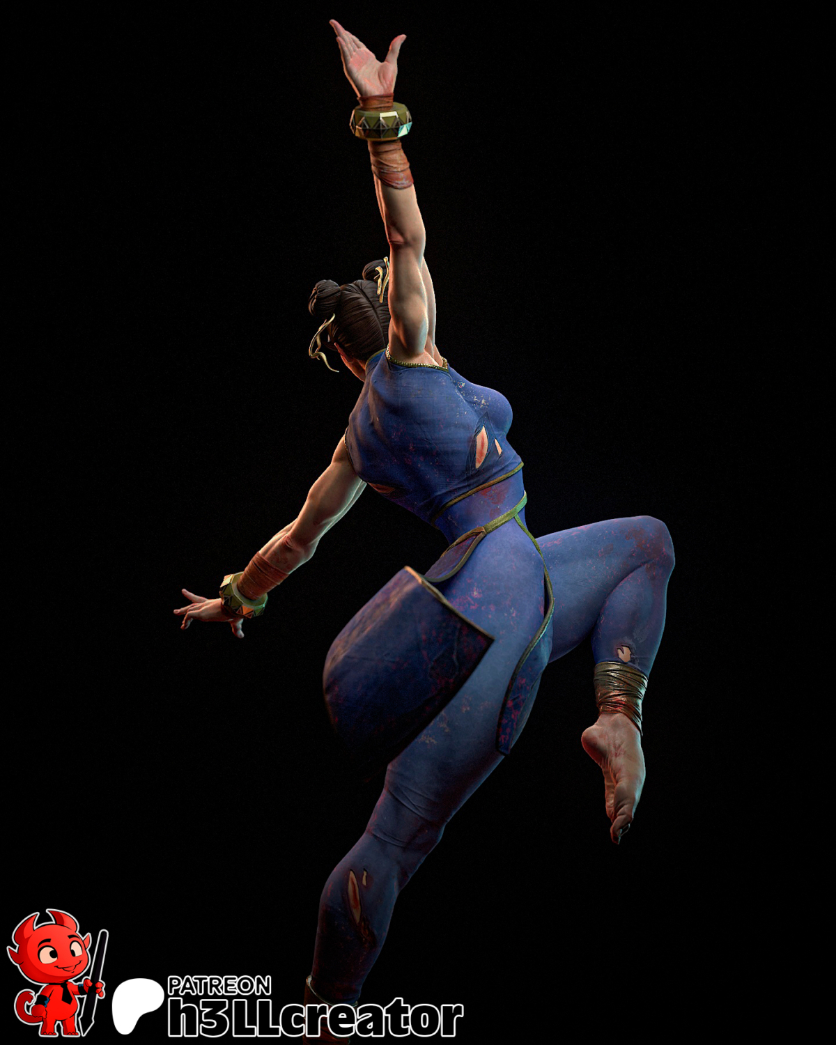 Chun-Li STL model in dynamic aerial pose with hands emerging from the base – Street Fighter 3D print